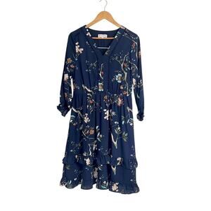 Nanette Lepore Dress Size 8 Navy Floral Ruffles V-Neck Long Sleeve Career Fairy